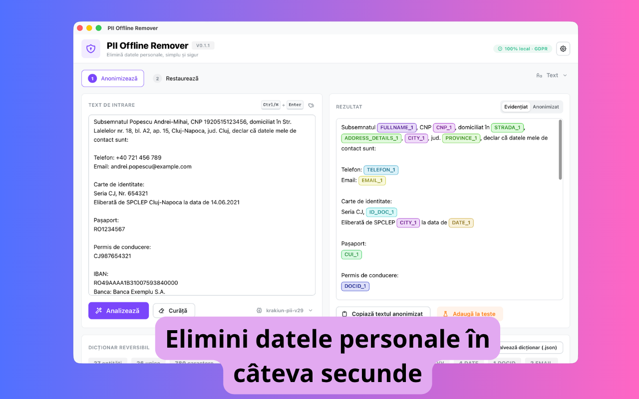 PII Offline Remover — anonimizare de date personale, 100% pe calculatorul tău